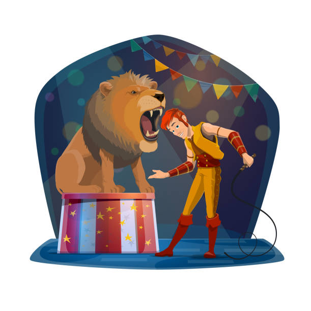 開口とサーカス ステージ上のハンドラーを持つライオン - circus lion点のイラスト素材／クリップアート素材／マンガ素材／アイコン素材