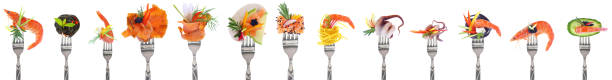 Variety of seafood starters - white background Variety of seafood appetizers on forks - white background prawn seafood photos stock pictures, royalty-free photos & images