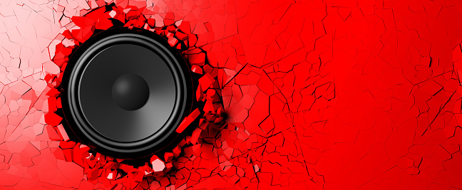 Red wall breaks from the sound of a loudspeaker. 3d illustration