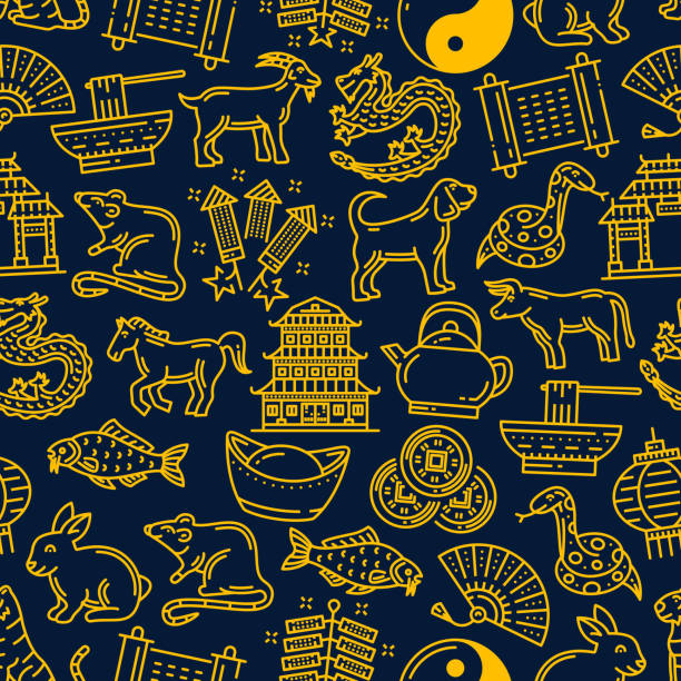 Chinese new year zodiac signs pattern background Chinese lunar zodiac animals and holiday celebration symbols for Chinese New Year. Vector seamless pattern background of golden China temple, coins and noodles with traditional lanterns and fireworks chinese temple dog stock illustrations