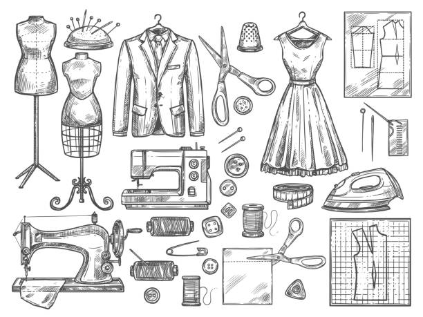 Tailoring and dressmaking vector sketch icons Tailor or dressmaker work and fashion designer atelier sketch items. Vector sewing machine or seamstress pattern cut and dress fitting dummy mannequin with thread, needle or thimble and iron dress illustrations stock illustrations