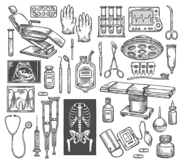 Medical therapy surgery vector sketch equipment Medical surgery or therapy equipment sketch icons. Vector isolated dentist chair, surgeon operating table or traumatology X-ray, rheumatology crutch or cardiology cardiogram and gynecology ultrasound mirror object drawings stock illustrations