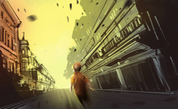 istock a boy walking in abandon town, digital illustration art painting design style. 1031258456