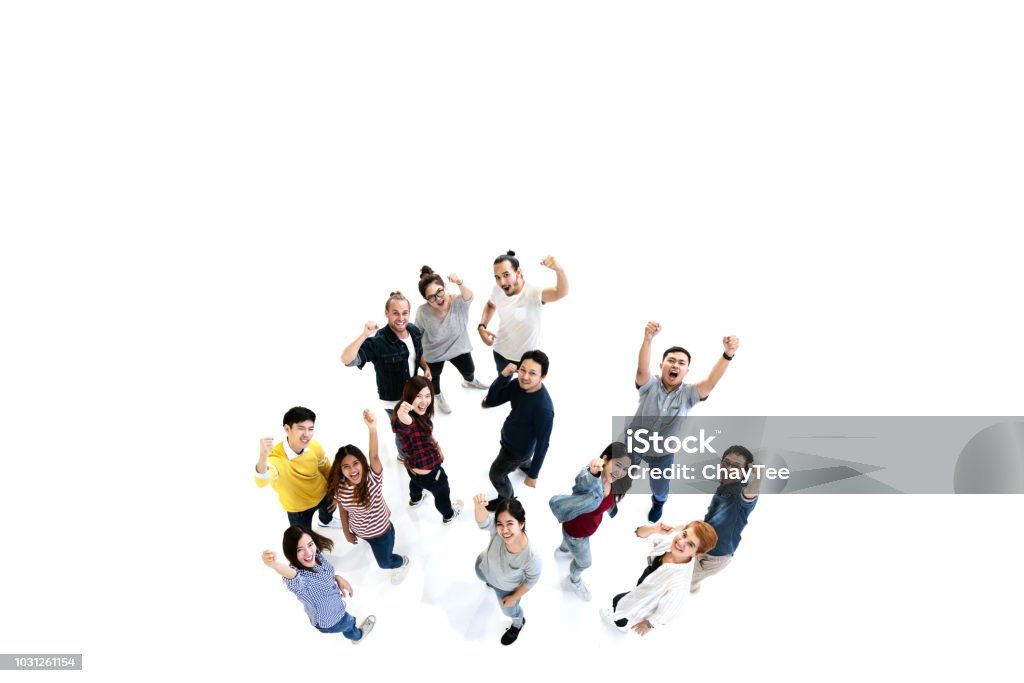 Group of Diversity People Team looking at camera with isolated white floor background. Creative teamwork feeling happy, enjoy and engage with achievement project with overhead aerial view concept. Asian and Indian Ethnicities Stock Photo