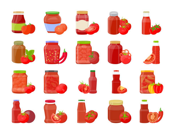 sos pomidorowy, ketchup w szklanym słoiku z warzywami flat icons - tomato sauce jar stock illustrations