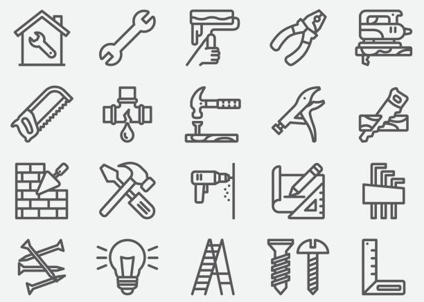 ilustraciones, imágenes clip art, dibujos animados e iconos de stock de iconos de línea home repair - tools for construction