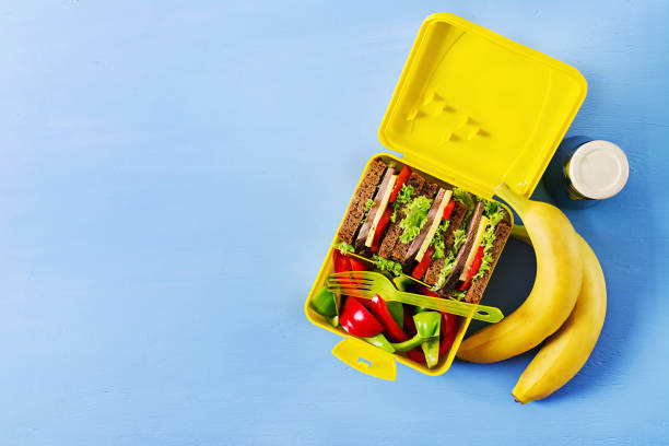 Healthy school lunch box with beef sandwich and fresh vegetables, bottle of water and fruits on blue background. Top view. Flat lay Healthy school lunch box with beef sandwich and fresh vegetables, bottle of water and fruits on blue background. Top view. Flat lay lunch box photos stock pictures, royalty-free photos & images