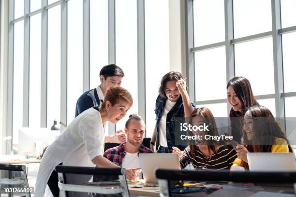 Group Of Diversity People Team Smiling And Excited In Success Work With Laptop At Modern Office Creative Multiethnic Or Diverse Teamwork Feeling Happy Enjoy And Engaged With Achievement Project Stock Photo - Download Image Now
