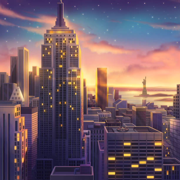 illustrazioni stock, clip art, cartoni animati e icone di tendenza di america, stati uniti, new york, realistic country city area painting series - new york city skyline new york state freedom