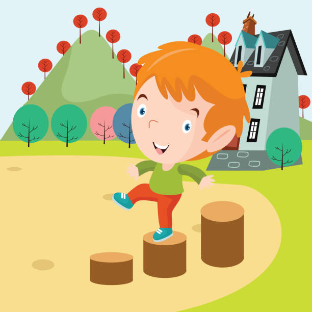 Cute Little Boy Looks Happy Playing Wood Jump Near The House Cartoon  Character Stock Illustration - Download Image Now - iStock