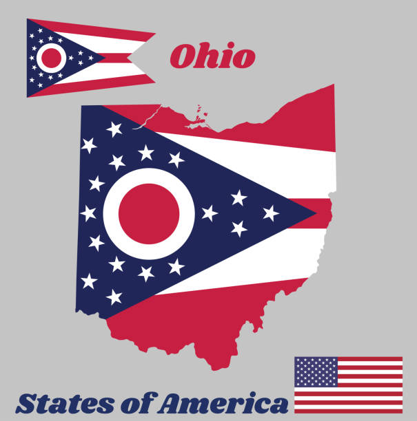 istock Map outline and flag of Ohio, Guidon consisting of 5 horizontal stripes alternating between red and white. The chevron is azure containing a white and red 