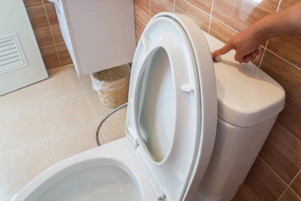 close up woman flush the toilet bowl for hygiene stock photo