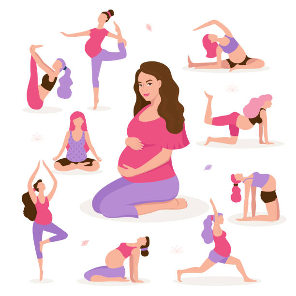 ziemlich schwanger frau beim yoga, gesunde lebensweise und entspannung, übungen für schwangere frauen flache vektorgrafik. glückliche und gesunde schwangerschaft konzept isoliert auf weißem hintergrund - bauchnabel stock-grafiken, -clipart, -cartoons und -symbole