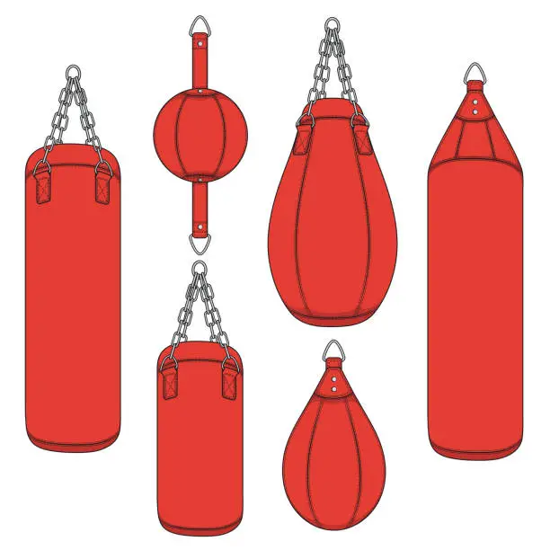 Vector illustration of Set of color illustrations with a red punching bag, boxing pears. Isolated vector objects.