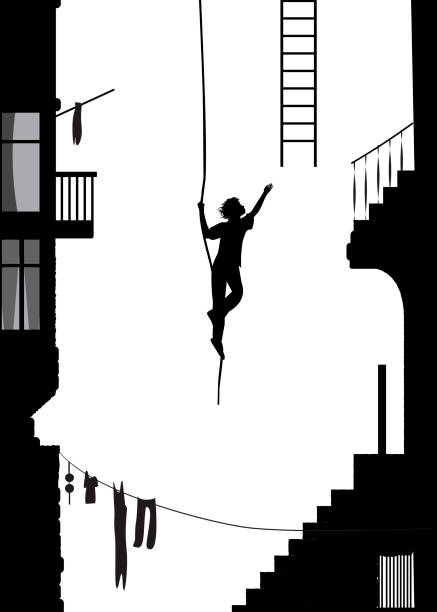 illustrazioni stock, clip art, cartoni animati e icone di tendenza di il ladro scappa via con scala, stuntman silhouette in città, ricordi in bianco e nero, - cleaning silhouette people residential district