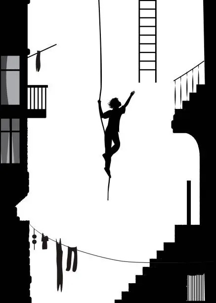 Vector illustration of the thief runs away with ladder, stuntmen  silhouette in the city, black and white memories,