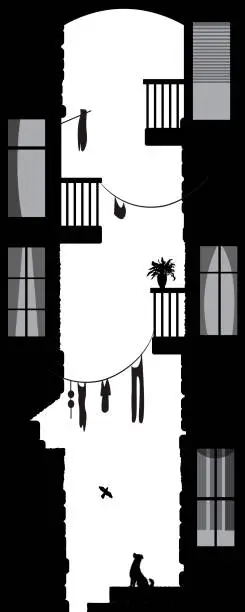 Vector illustration of city yard life view, between the city houses: londry, balconues,city nostalgia, dog, bird,  black and white memories,
