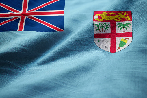 Closeup of Ruffled Fiji Flag, Fiji Flag Blowing in Wind