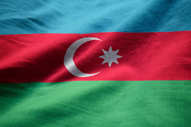 Closeup of Ruffled Azerbaijan Flag, Azerbaijan Flag Blowing in Wind