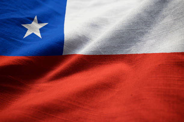 Closeup of Ruffled Chile Flag, Chile Flag Blowing in Wind
