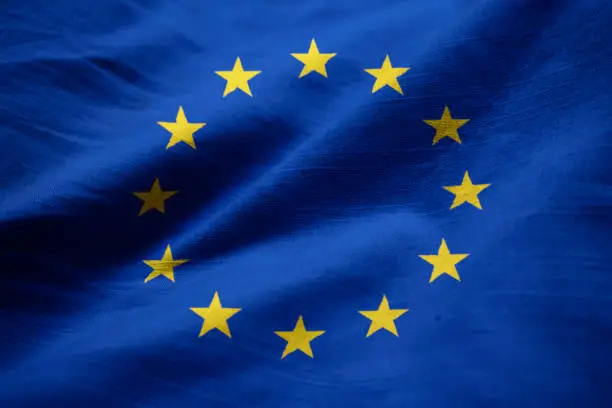 Closeup of Ruffled European Union Flag, European Union Flag Blowing in Wind