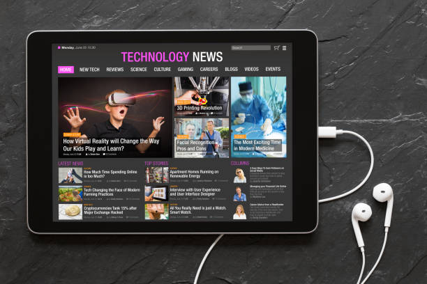 Tech news website on tablet. All contents are made up.