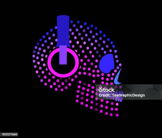 Sugar Skull Icon With Headphones Pink Neon Color Stock Illustration - Download Image Now - Headphones, Side View, Skull