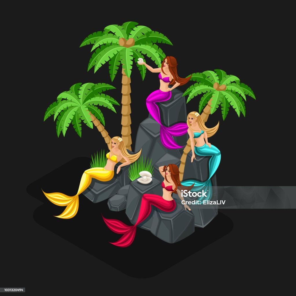 Isometrics Game Concept Cartoon With Fairytale Characters Mermaids ...