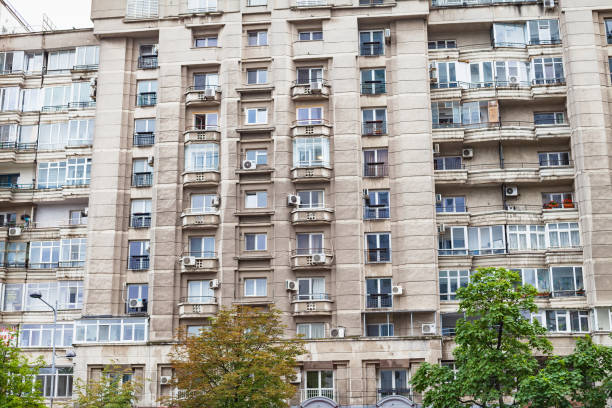 Tall block of flats in the romanian capital, Bucharest, communist building