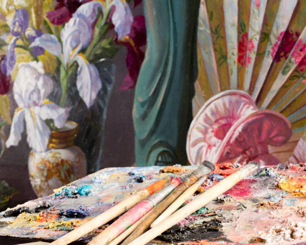 Texture, background. background. picture painted in oils. Easel artist in the background complete the picture