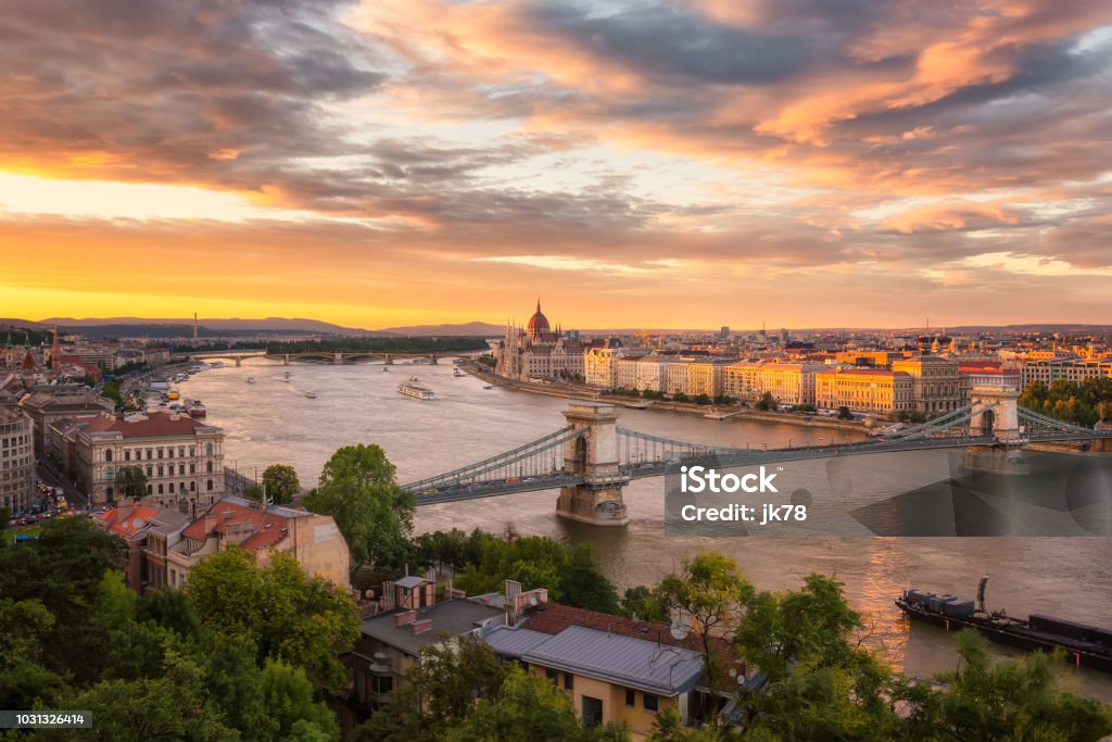 Budapest at sunset Amazing sunset above Hungarian Parliament in Budapest Budapest Stock Photo