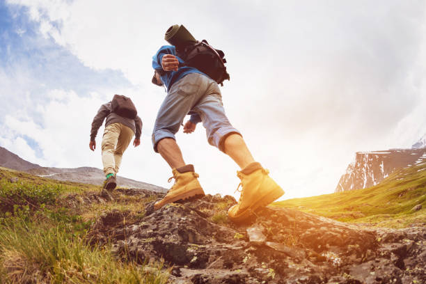 istock Trekking concept two tourists walking mountains 1031332730