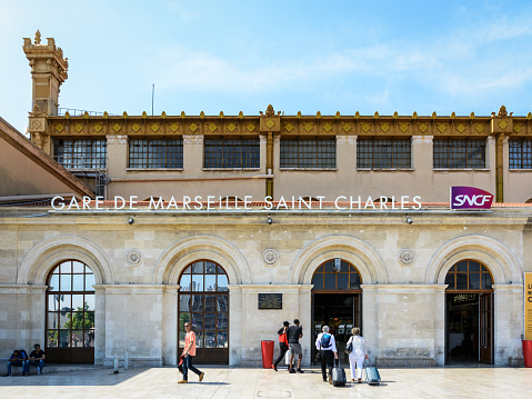 Marseille, France - May 20, 2018: General view of the side entrance of Marseille Saint-Charles train station.