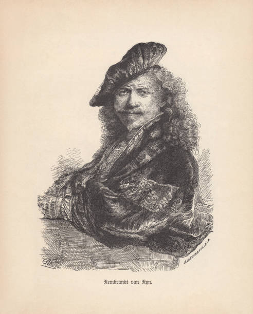 rembrandt-rijn. van rijn, selbstbildnis, holzstich, veröffentlicht im jahre 1888 - rembrandt stock-grafiken, -clipart, -cartoons und -symbole