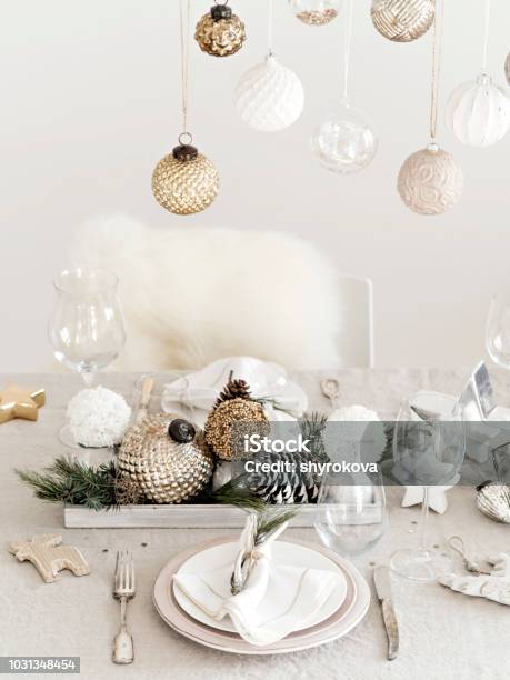 Golden And Silver Baubles In Design Of Table Setting Stock Photo - Download Image Now