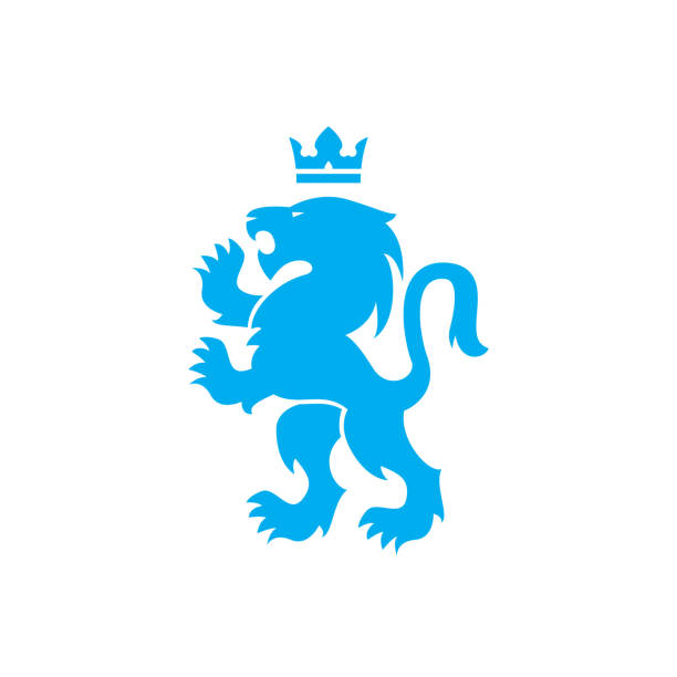 ilustraciones, imágenes clip art, dibujos animados e iconos de stock de león y corona vector logo de azul león rugir con las patas levantadas en suiza o escandinava o bauhaus estilo diseño - logotipo ilustraciones