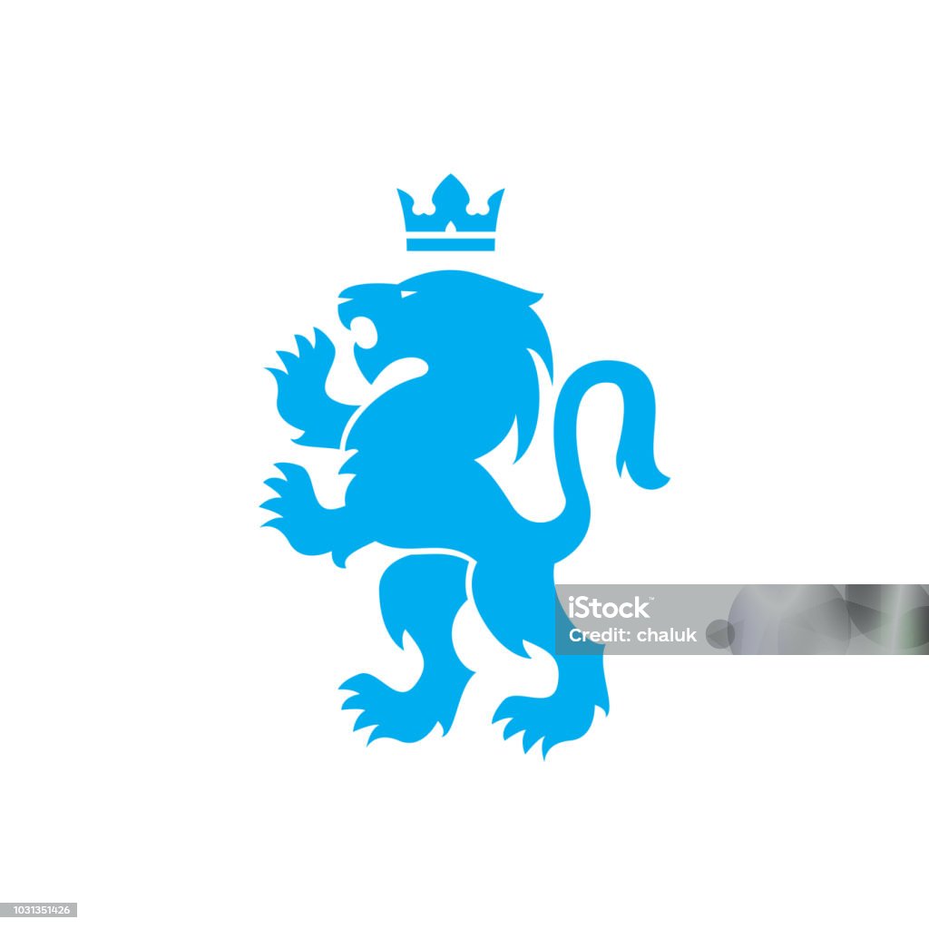 Lion and crown vector logo of blue lion roaring with raised paws in Swiss or Scandinavian or Bauhaus style design Lion - Feline stock vector