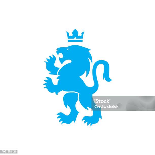 Lion And Crown Vector Logo Of Blue Lion Roaring With Raised Paws In Swiss Or Scandinavian Or Bauhaus Style Design Stock Illustration - Download Image Now