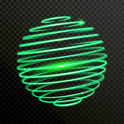 Green spiral sphere globe of neon light. Vector shiny trace or twirl trail with shine sparkle effect