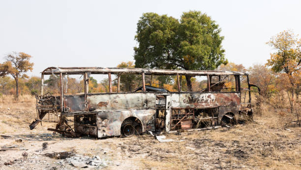 istock Burned bus at the side of the road 1031355788