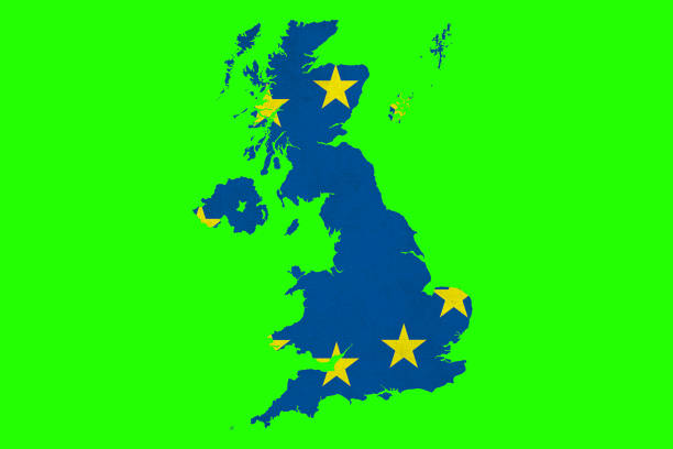istock brexit blue european union EU flag on great britain map on chroma key green screen background, vote for united kingdom exit 1031359280