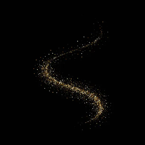 Vector illustration of Golden particles light or sparkling glitter shine trail. Vector glittery twirl with shiny Christmas confetti on premium luxury black background