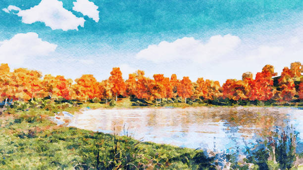 istock Watercolor autumn landscape on a forest lake shore 1031365682