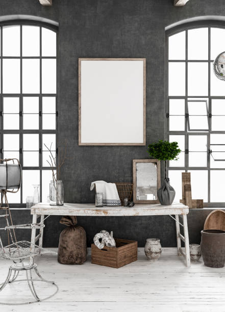 istock Mock-up poster frame in old shabby interior background, Scandinavian style, 3d render 1031365734