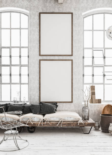 istock Two vertical Mock-up posters in shabby interior background, Scandinavian style 1031365742