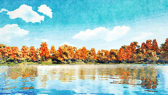 Decorative autumn landscape in a watercolor style with lush colorful autumnal trees reflected in water of calm forest lake or pond. Digital art painting from my own 3D rendering file.