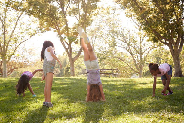 istock Four young girlfriends doing handstands together in a park 1031368868