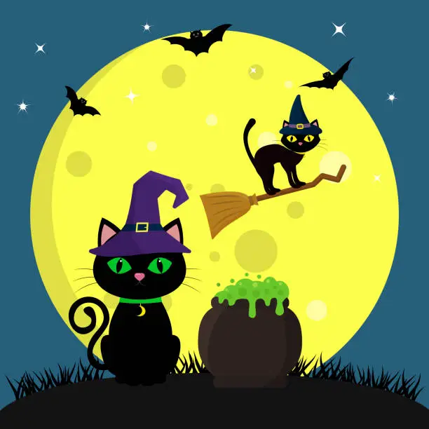 Vector illustration of The Halloween cat in the witch's hat sits next to the pot with the potion. Another cat flies on a broomstick, against a full moon at night. Flying vampires and stars. Autumn holiday.