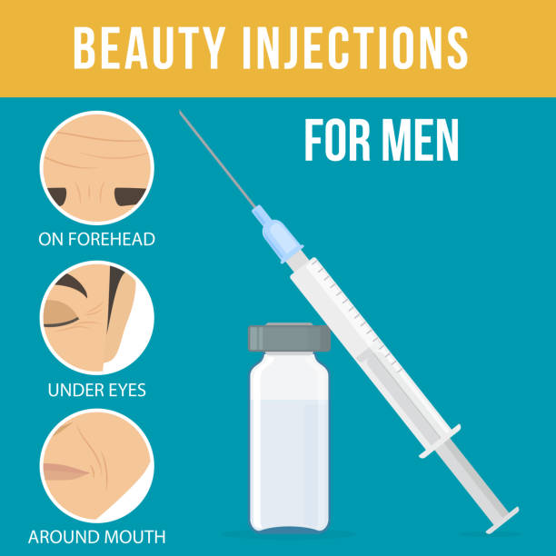 Cosmetic procedures botox Man anti-aging skin care and men cosmetics. Different types of facial wrinkles. Botox injection for men, ampoule and syringe. Anti-aging procedure. Vector botox bottle stock illustrations