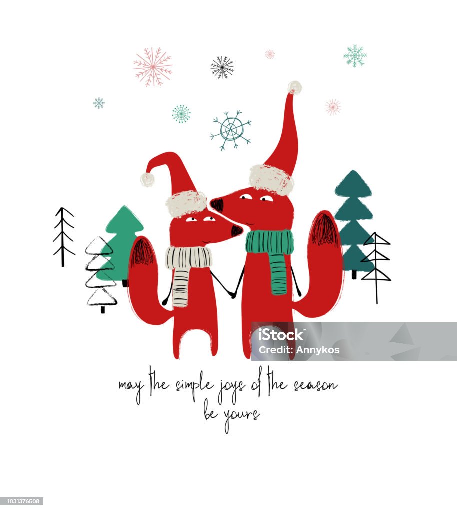 Couple Of Cute Foxes In Winter. Couple of cute holding hands foxes in Santa's hat and scarf. Christmas or winter greeting card with phrase: may the simple joys of the season be yours. Christmas stock vector